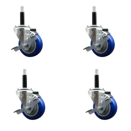 Service Caster 3.5'' SS Blue Poly Swivel 3/4'' Expanding Stem Caster Set with Brake, 4PK SCC-SSEX20S3514-PPUB-BLUE-TLB-34-4